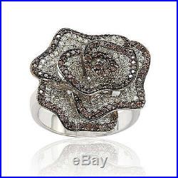 Suzy Levian Sterling Silver Brown and White Cubic Zirconia Pave Flower Ring