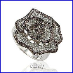 Suzy Levian Sterling Silver Brown and White Cubic Zirconia Pave Flower Ring