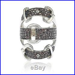 Suzy Levian Sterling Silver Cubic Zirconia Brown and White Buckle Ring