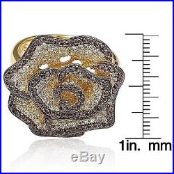Suzy Levian Sterling Silver Pave-set Brown and White Cubic Zirconia Flower Ring