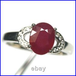 Unheated 7 x 9 mm. Red Ruby & Cubic Zirconia Ring 925 Sterling Silver Size 8