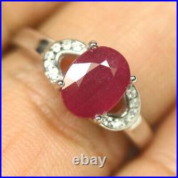 Unheated 7 x 9 mm. Red Ruby & Cubic Zirconia Ring 925 Sterling Silver Size 8