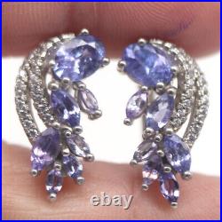 Unheated Blue Tanzanite, & White Cubic Zirconia Earrings 925 Sterling Silver