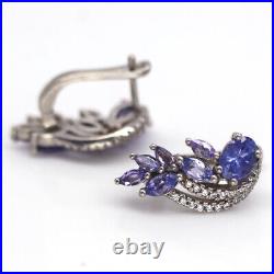 Unheated Blue Tanzanite, & White Cubic Zirconia Earrings 925 Sterling Silver