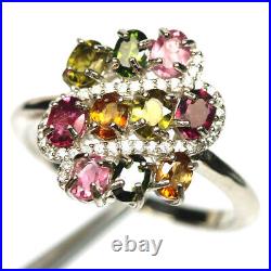 Unheated Fancy Color Tourmaline & Cubic Zirconia Ring 925 Sterling Silver