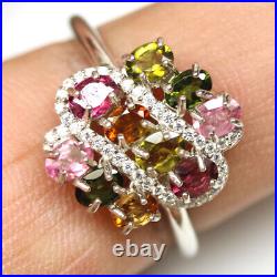 Unheated Fancy Color Tourmaline & Cubic Zirconia Ring 925 Sterling Silver