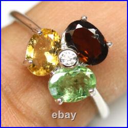 Unheated Fancy Tourmaline & Cubic Zirconia Ring 925 Sterling Silver Size 7.75
