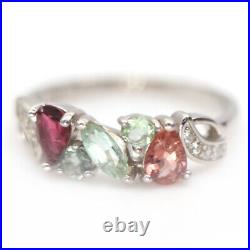 Unheated Fancy color Tourmaline & Cubic zirconia 925 Sterling Silver Ring Size 9