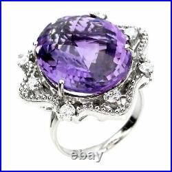Unheated Oval Amethyst 22x17mm Cz White Gold Plate 925 Sterling Silver Big Ring