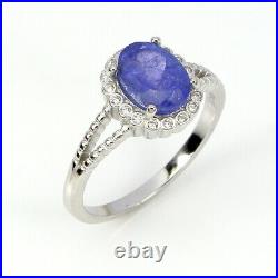 Unheated Oval Blue Tanzanite 8x6mm White Cubic Zirconia 925 Sterling Silver Ring