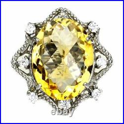 Unheated Oval Citrine 22x16mm Cz White Gold Plate 925 Sterling Silver Big Ring