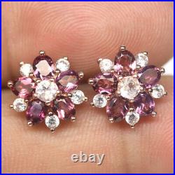 Unheated Purplish Red Rhodolite & Cubic Zirconia Earrings 925 Sterling Silver