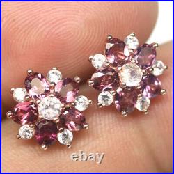 Unheated Purplish Red Rhodolite & Cubic Zirconia Earrings 925 Sterling Silver