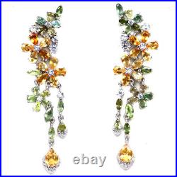 Unheated Yellow Citrine, Sapphire & Cubic Zirconia Earrings 925 Sterling Silver