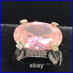 Vintage 925 Sterling Silver Huge Pink -Clear Cubic Zirconia Pave Design Ring 6