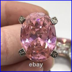 Vintage 925 Sterling Silver Huge Pink -Clear Cubic Zirconia Pave Design Ring 6