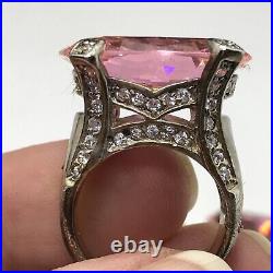 Vintage 925 Sterling Silver Huge Pink -Clear Cubic Zirconia Pave Design Ring 6