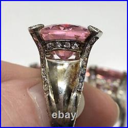 Vintage 925 Sterling Silver Huge Pink -Clear Cubic Zirconia Pave Design Ring 6