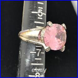 Vintage 925 Sterling Silver Huge Pink -Clear Cubic Zirconia Pave Design Ring 6