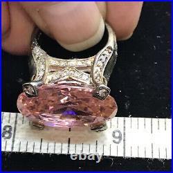 Vintage 925 Sterling Silver Huge Pink -Clear Cubic Zirconia Pave Design Ring 6