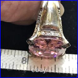 Vintage 925 Sterling Silver Huge Pink -Clear Cubic Zirconia Pave Design Ring 6