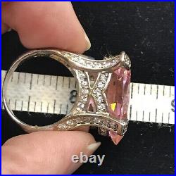 Vintage 925 Sterling Silver Huge Pink -Clear Cubic Zirconia Pave Design Ring 6