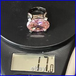 Vintage 925 Sterling Silver Huge Pink -Clear Cubic Zirconia Pave Design Ring 6