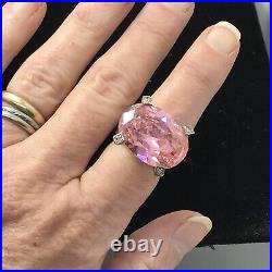 Vintage 925 Sterling Silver Huge Pink -Clear Cubic Zirconia Pave Design Ring 6