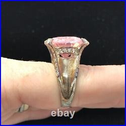 Vintage 925 Sterling Silver Huge Pink -Clear Cubic Zirconia Pave Design Ring 6