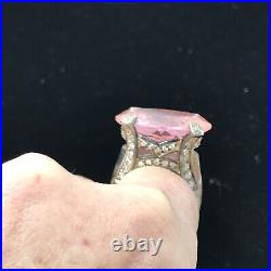 Vintage 925 Sterling Silver Huge Pink -Clear Cubic Zirconia Pave Design Ring 6