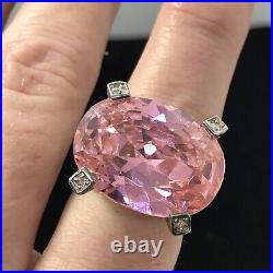 Vintage 925 Sterling Silver Huge Pink -Clear Cubic Zirconia Pave Design Ring 6