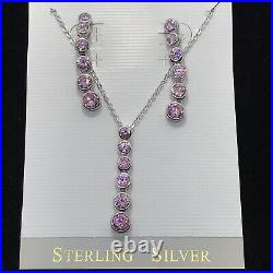 Vintage 925 Sterling Silver Pink Cubic Zirconia Necklace & Earrings Set