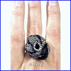 Vintage Black Rose Silver Ring Pave Fiery Cubic Zirconia Gorgeous Large 925 Fine