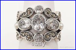 Vintage Cubic Zirconia Marcasite Pearl Sterling Silver Ring Size 5.75