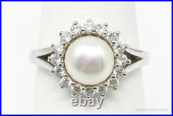 Vintage Designer Pearl Cubic Zirconia Sterling Silver Ring Size 7