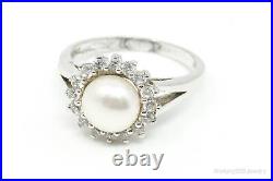 Vintage Designer Pearl Cubic Zirconia Sterling Silver Ring Size 7