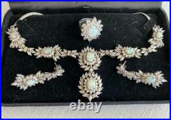 Vintage Set Necklace&Earrings&Ring Sliver 925 With Synthetic Opal&Cubic Zirconia