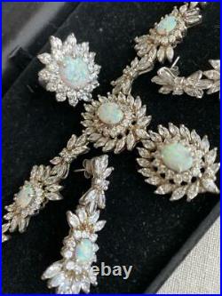 Vintage Set Necklace&Earrings&Ring Sliver 925 With Synthetic Opal&Cubic Zirconia