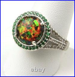 Vintage Sterling Silver Black Opal Cubic Zirconia Ring Raised Halo Setting 10.25