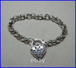 Vintage Sterling Silver Bracelet With Cubic Zirconia Set Heart Lock 2446