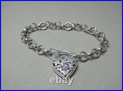 Vintage Sterling Silver Bracelet With Cubic Zirconia Set Heart Lock 2446