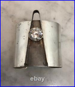 Vintage Sterling Silver CZ Cubic Zirconia Wide Cuff Bracelet Modernist