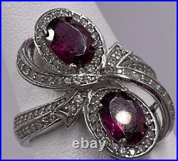 Vintage Sterling Silver Cubic Zirconia Halo Double Rhodolite Garnet Ring Sz7