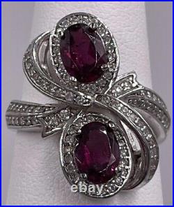 Vintage Sterling Silver Cubic Zirconia Halo Double Rhodolite Garnet Ring Sz7