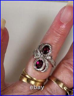 Vintage Sterling Silver Cubic Zirconia Halo Double Rhodolite Garnet Ring Sz7