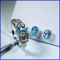 Vintage Sterling Silver Natural Oval Blue Topaz And Cubic Zirconia Earrings Ring