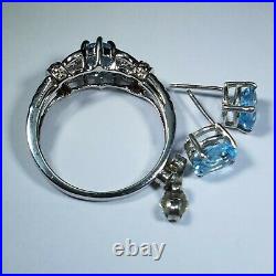 Vintage Sterling Silver Natural Oval Blue Topaz And Cubic Zirconia Earrings Ring