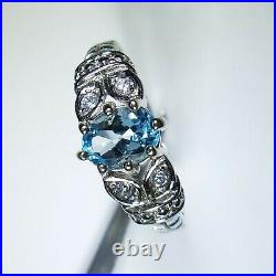 Vintage Sterling Silver Natural Oval Blue Topaz And Cubic Zirconia Earrings Ring