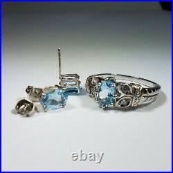 Vintage Sterling Silver Natural Oval Blue Topaz And Cubic Zirconia Earrings Ring