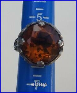 Vintage Sterling Silver with Citrine Gemstone Ring with Cubic Zirconias. Sz 6